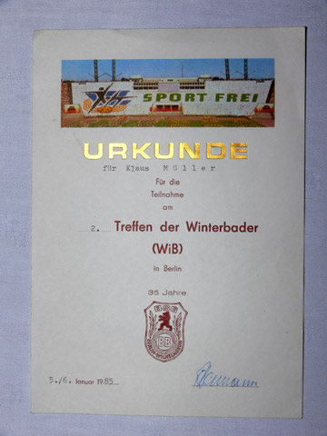 Urkunde vom 2. Winterbaden in Berlin, 1985